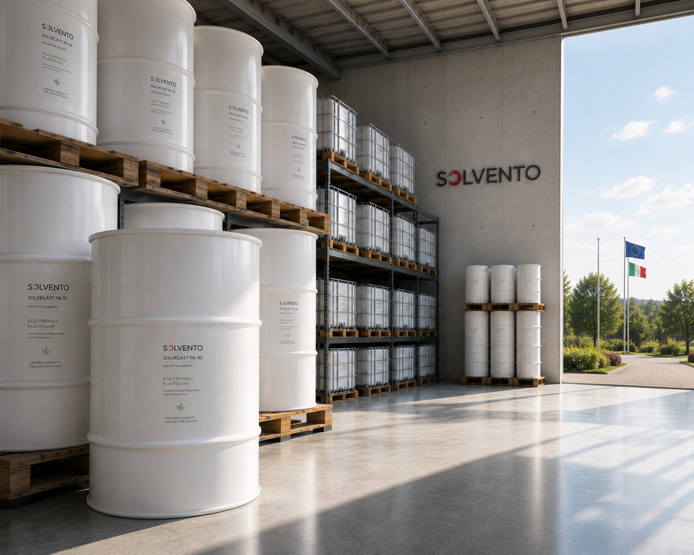 Solvento warehouse — black drums and IBCs of specialty chemicals